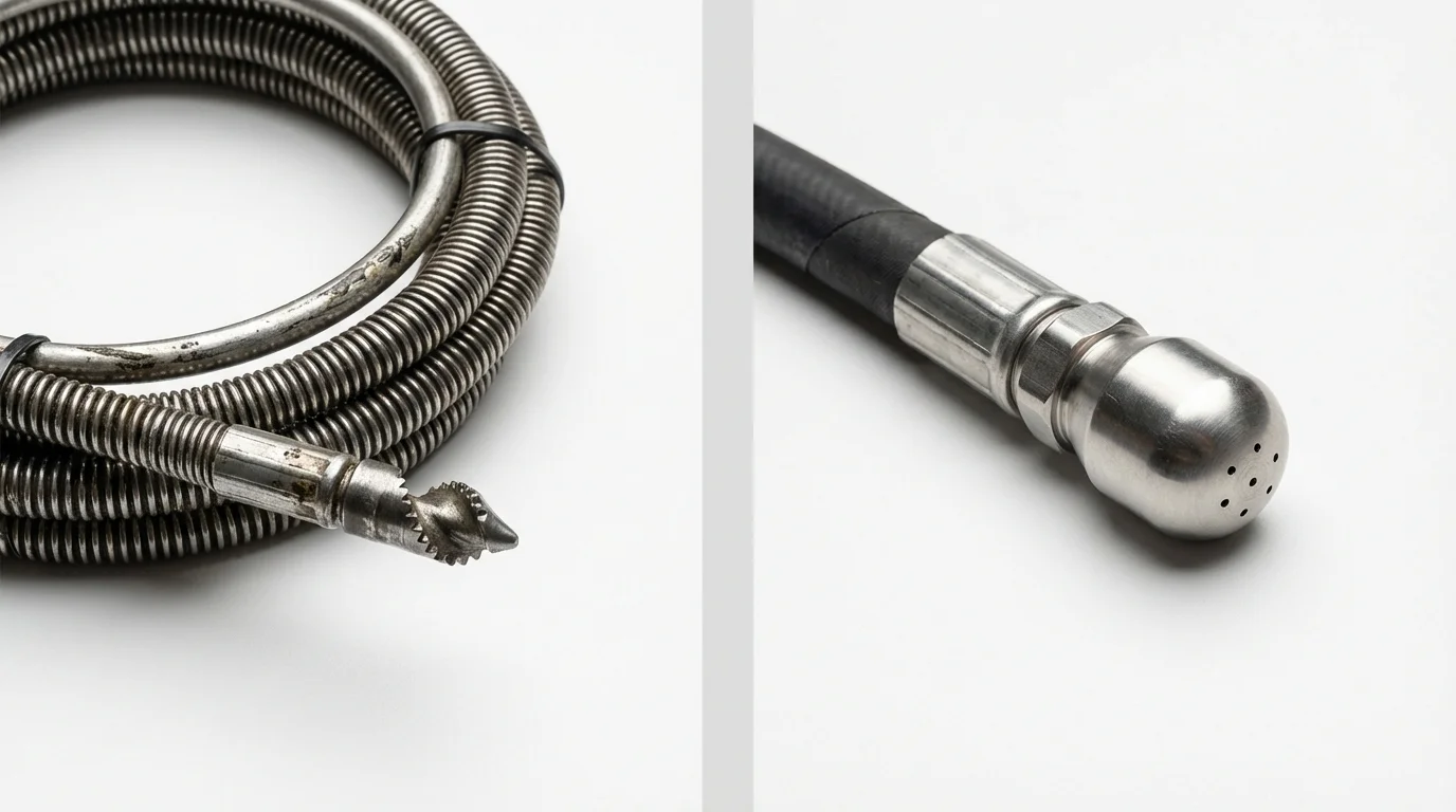 Drain snake cable and hydro jetting nozzle used for drain cleaning in Donaldsonville, LA