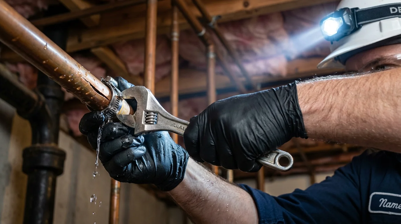Emergency pipe clamp repair being performed by a Johns Plumbing LLC plumber in Donaldsonville