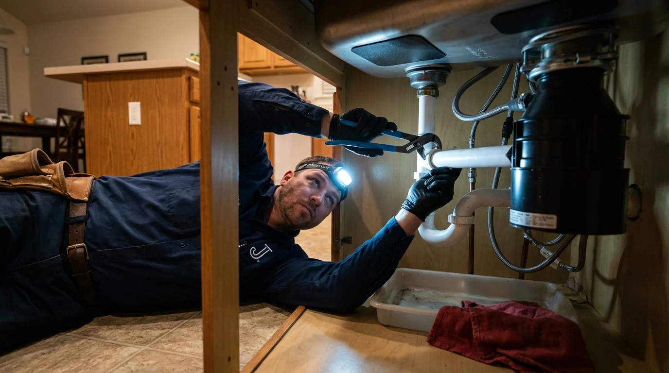 P-trap and supply line connections under a kitchen sink showing a common leak point in Donaldsonville, LA